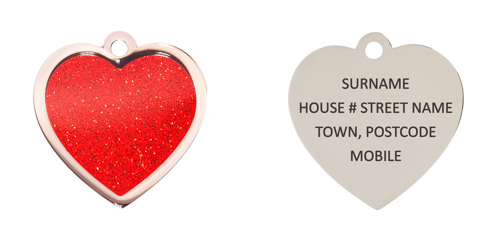 Red Sparkle Large Heart Pet ID Tag - Engraved Example