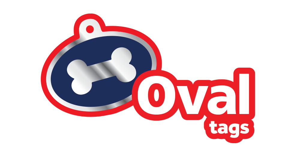 Logo of Oval tags with a blue background and red border