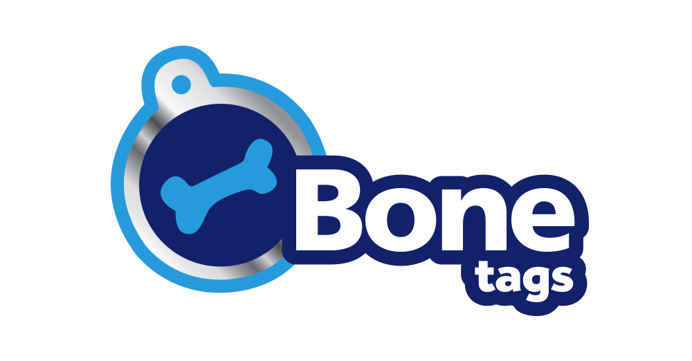 Logo of Bone Tags with a blue and silver tag featuring a bone design on a white background.
