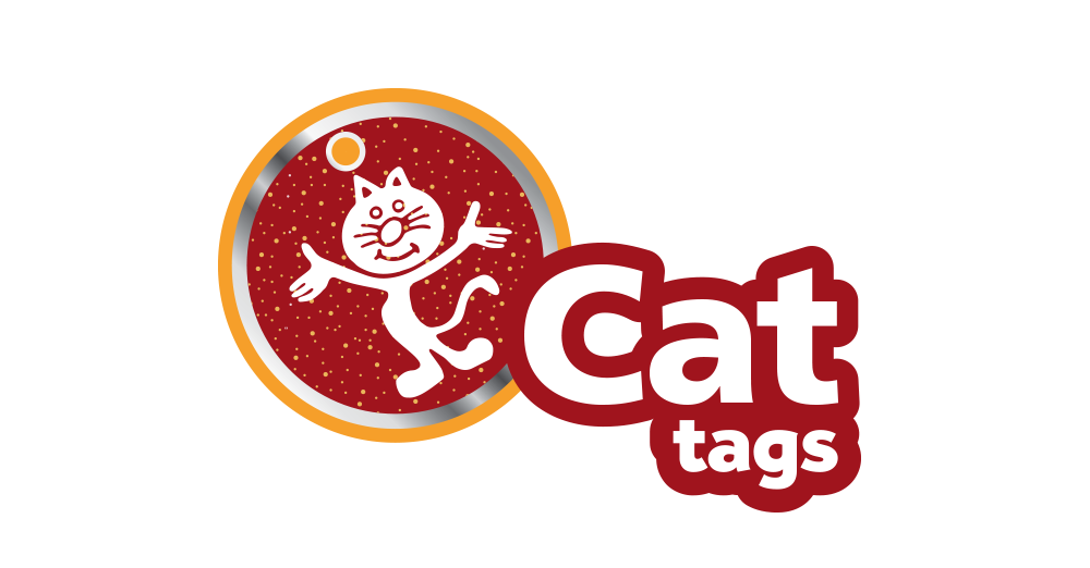 Logo of 'Cat Tags' with a stylized cat design on a red background.