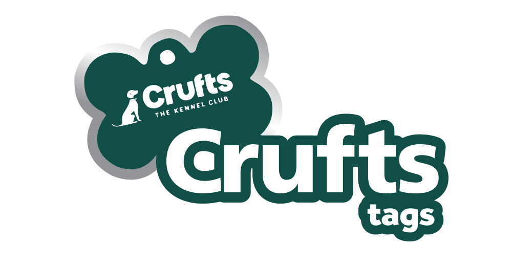 Crufts dog tag design with brand name on a white background
