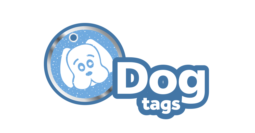 Logo for 'Dog tags' with a stylized dog silhouette on a white background