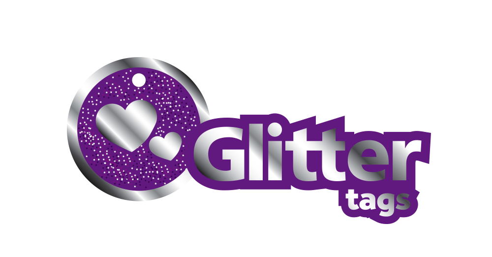 Logo of Glitter Tags with purple and silver design on a white background