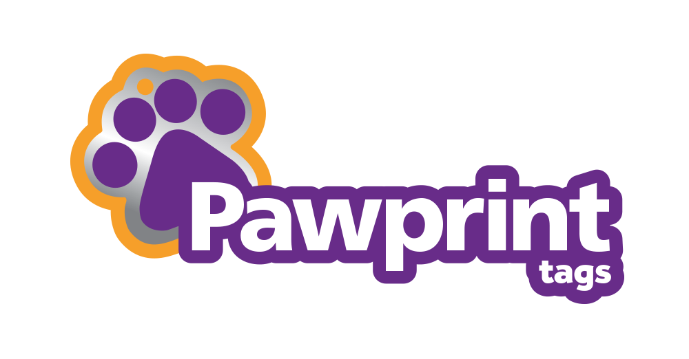Logo of Pawprint tags with a purple paw print design on a white background