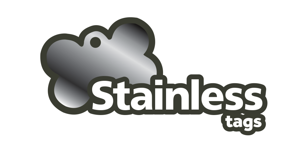 Logo of 'Stainless Tags' with a metallic tag icon on a white background