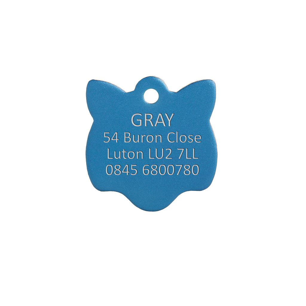 Aluminium Blue Cat Pet Tag - Engraved Example