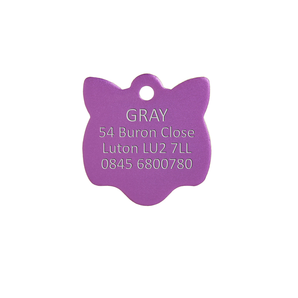 Aluminium Purple Cat Pet Tag - Engraved Example