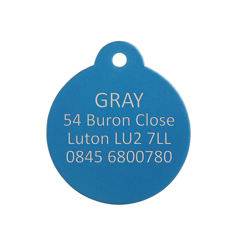 Aluminium Blue Disc Pet Tag - Engraved Example