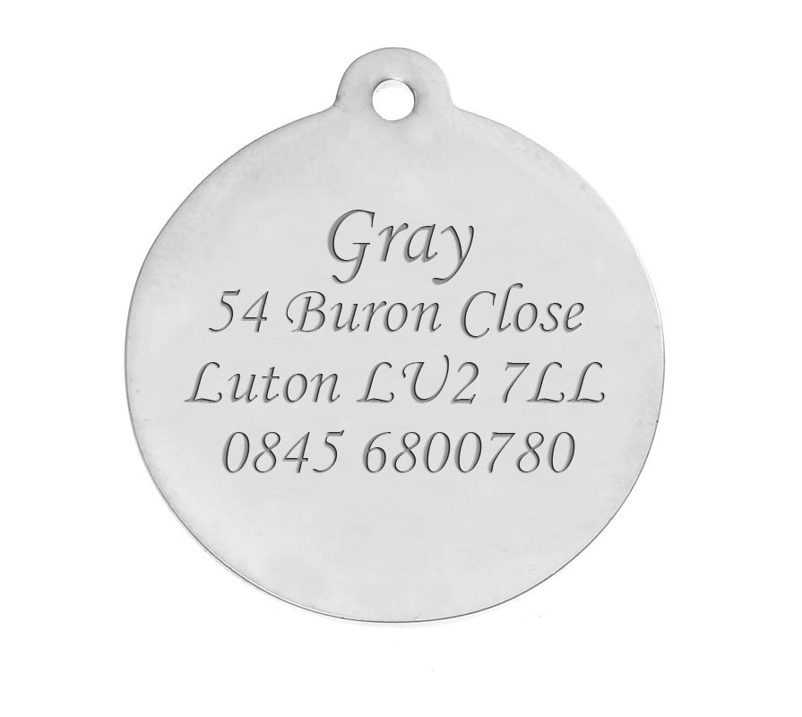 Lulu Bling Round Pet Tag with engraved text on back