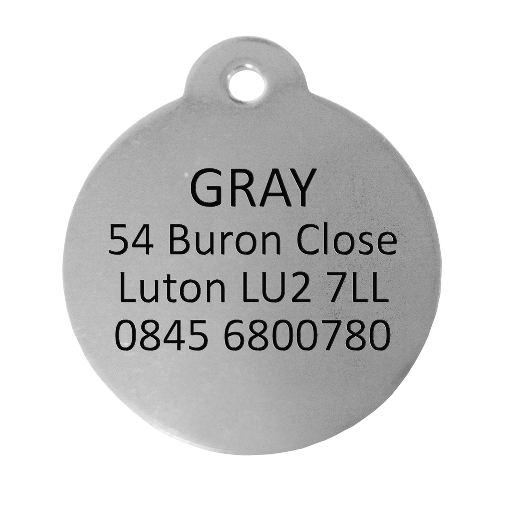 Plain Nickel Round Pet Tag - Engraved Example